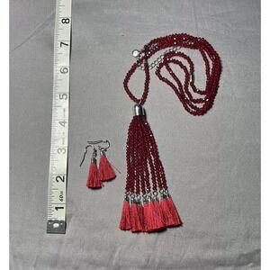 Red Tasseled Necklace With Matching Hooked Earrings Valentines